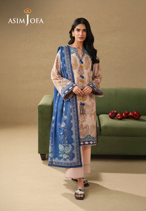 Asim Jofa AJUBC-05 light peach paisley printed lawn 3-piece suit – front-facing full-length view with blue dupatta