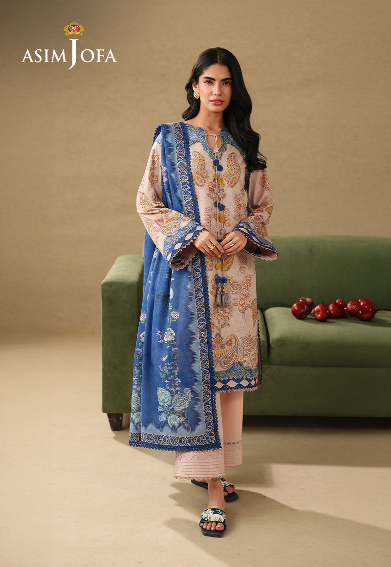 Asim Jofa AJUBC-05 light peach paisley printed lawn 3-piece suit – front-facing full-length view with blue dupatta