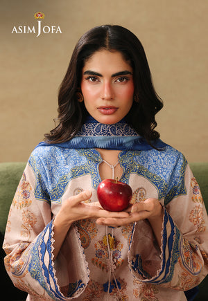 Asim Jofa AJUBC-05 light peach printed lawn shirt – front portrait showing blue patterned neckline and cuffs, with an apple