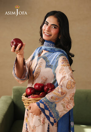 Asim Jofa AJUBC-05 light peach printed lawn shirt – angled upper-body view with model holding a basket of red apples