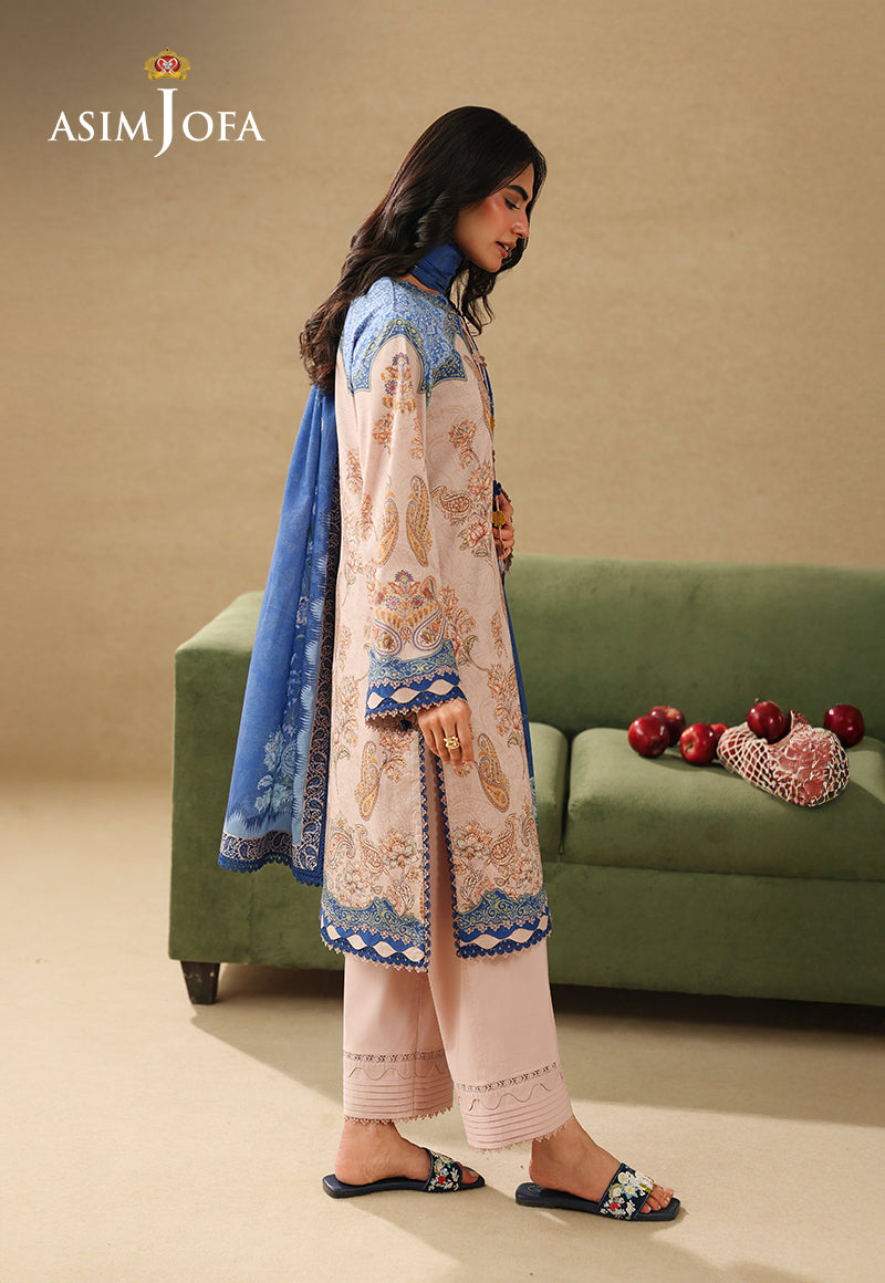 Asim Jofa AJUBC-05 light peach paisley printed lawn suit – full-length side view with blue dupatta and cambric trousers