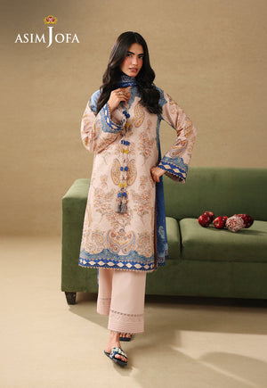Asim Jofa AJUBC-05 light peach printed lawn 3-piece suit – full-length front view with blue dupatta around the neck