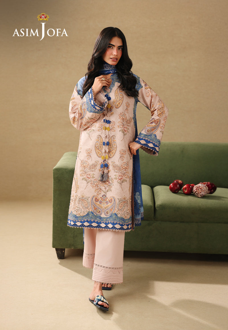 Asim Jofa AJUBC-05 light peach printed lawn 3-piece suit – full-length front view with blue dupatta around the neck