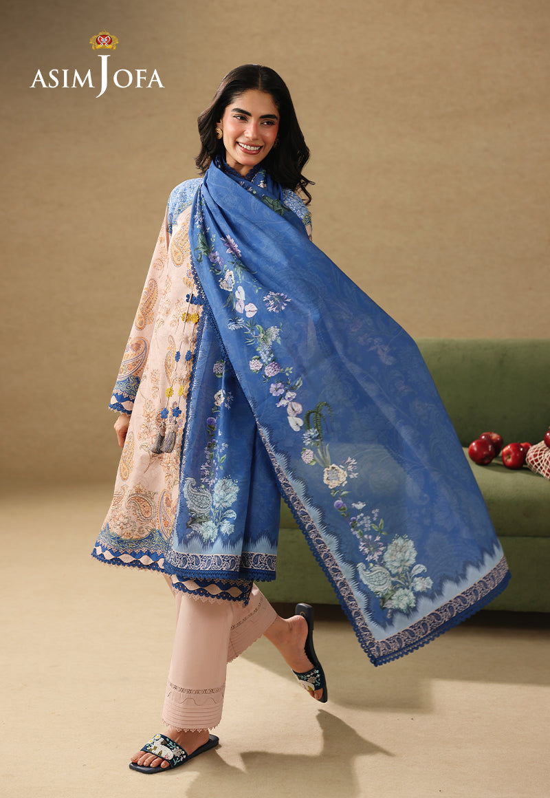 Asim Jofa AJUBC-05 light peach printed lawn suit – full-length walking pose with flowing blue floral dupatta