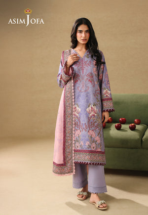 Asim Jofa AJUBC-06 lilac floral printed lawn 3-piece suit – front-facing full-length view with pastel pink dupatta