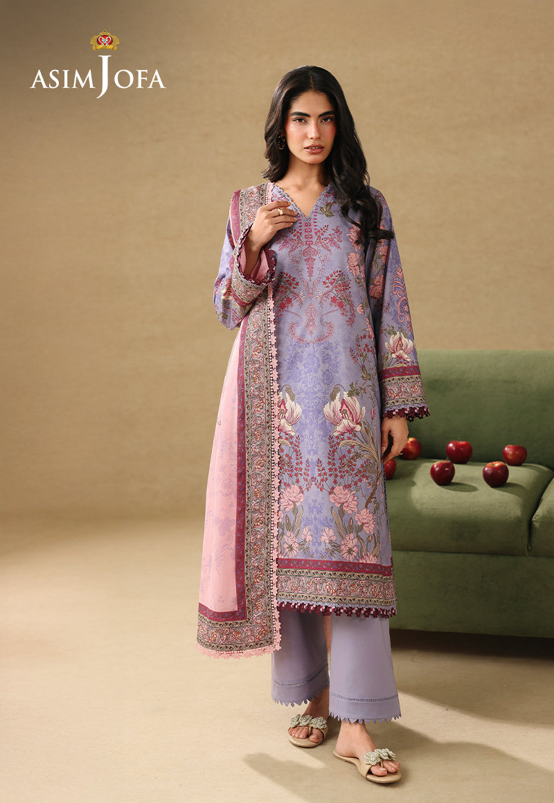 Asim Jofa AJUBC-06 lilac floral printed lawn 3-piece suit – front-facing full-length view with pastel pink dupatta