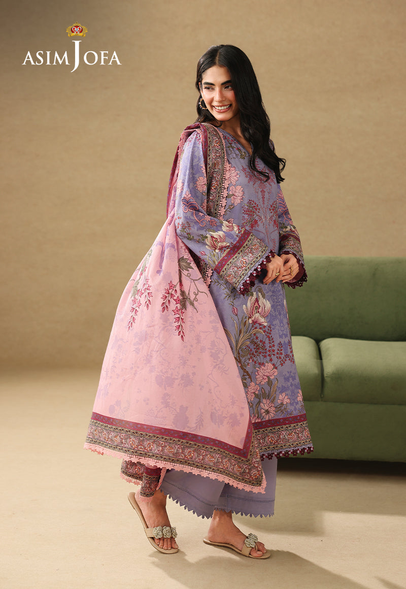 Asim Jofa AJUBC-06 lilac floral printed lawn 3-piece suit – angled full-length view with flowing pastel pink dupatta
