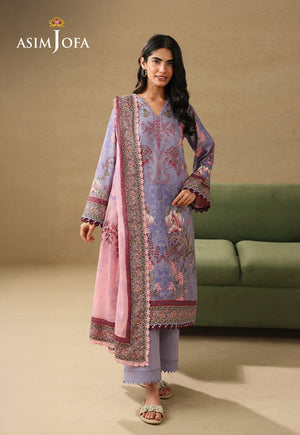 Asim Jofa AJUBC-06 lilac floral printed lawn 3-piece suit – full-length front view with pink dupatta over one shoulder