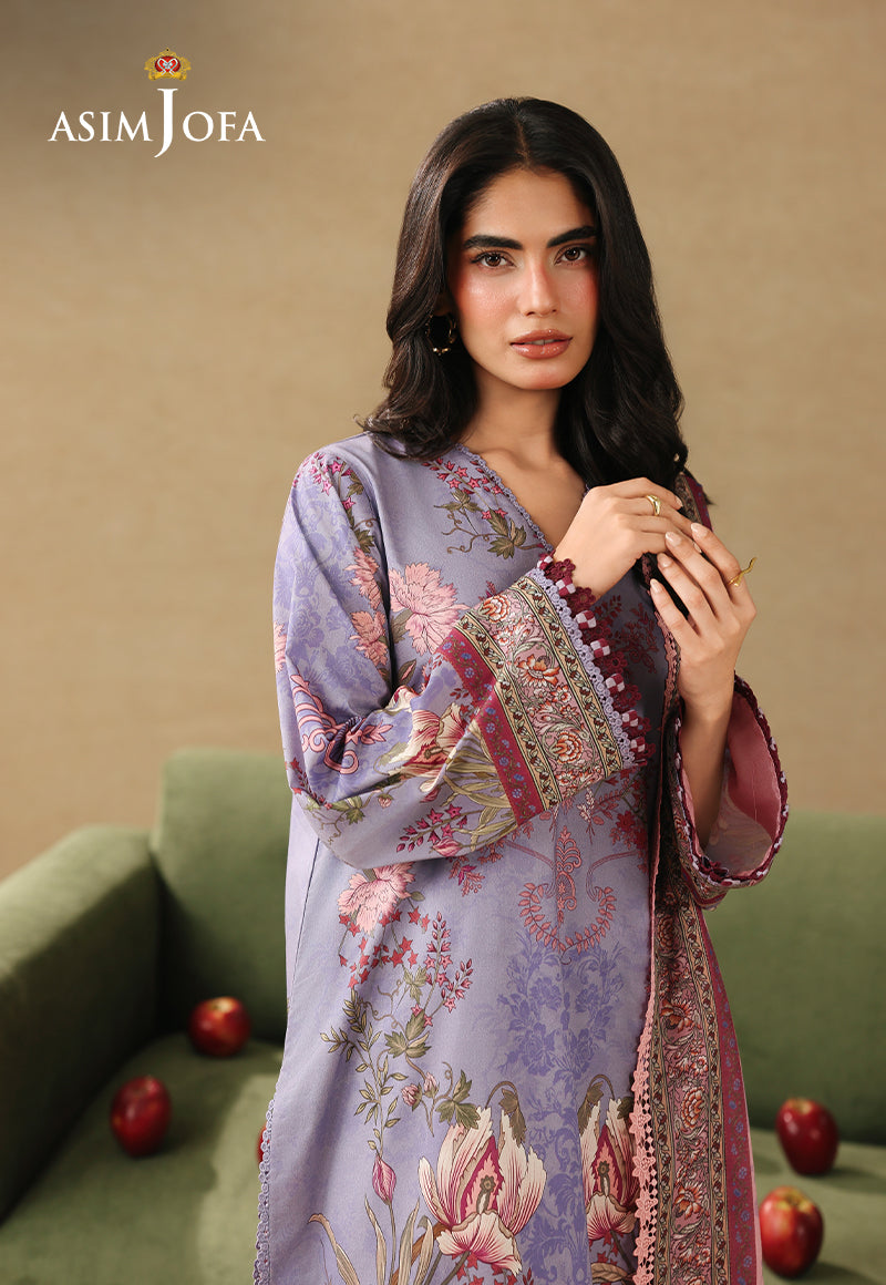 Asim Jofa AJUBC-06 lilac floral printed lawn shirt – upper-body close-up highlighting floral sleeves and patterned cuffs