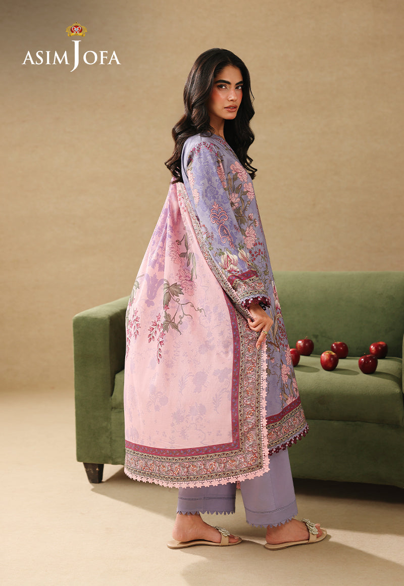 Asim Jofa AJUBC-06 lilac printed lawn suit – full-length side view with pastel pink floral dupatta and cambric trousers