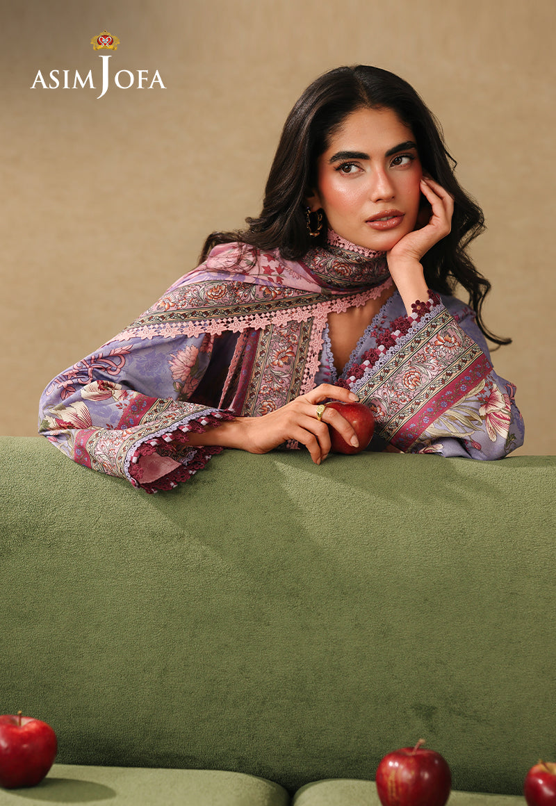 Asim Jofa AJUBC-06 lilac printed lawn shirt – upper-body view showing floral sleeves and pink dupatta around the neck