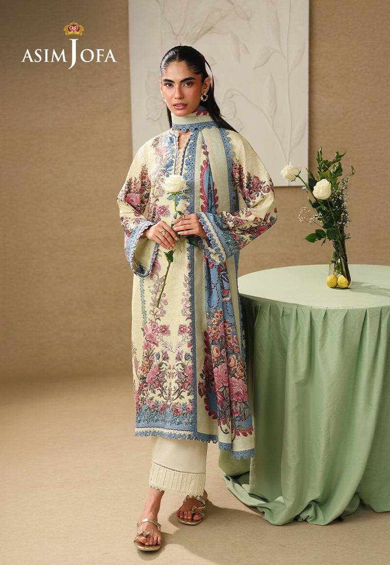 Asim Jofa AJUBC-07 butter yellow floral printed lawn 3-piece suit – full-length front view with model holding a white rose