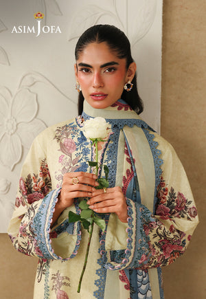 Asim Jofa AJUBC-07 butter yellow printed lawn shirt – front portrait showing blue neckline and cuffs, with a white rose