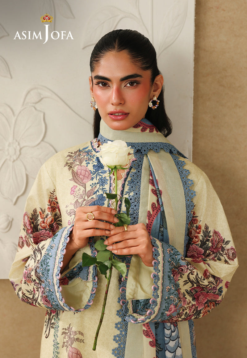 Asim Jofa AJUBC-07 butter yellow printed lawn shirt – front portrait showing blue neckline and cuffs, with a white rose