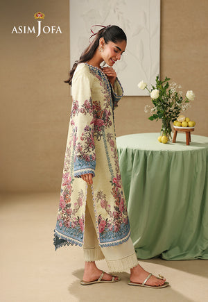Asim Jofa AJUBC-07 butter yellow floral printed lawn suit – full-length side view showing shirt slit and cambric trousers