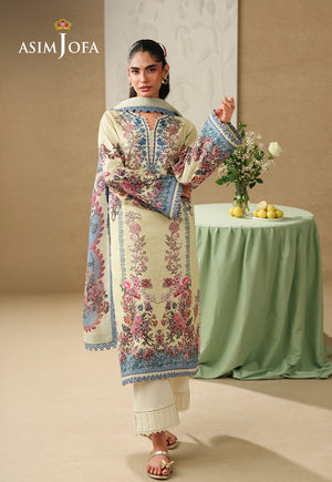 Asim Jofa AJUBC-07 butter yellow printed lawn 3-piece suit – full-length front view with floral dupatta around the neck