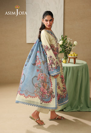 Asim Jofa AJUBC-07 butter yellow floral printed lawn suit – angled full-length view with flowing blue floral dupatta