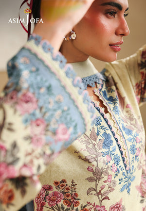 Asim Jofa AJUBC-07 butter yellow printed lawn shirt – close-up of blue floral neckline and patterned sleeve border