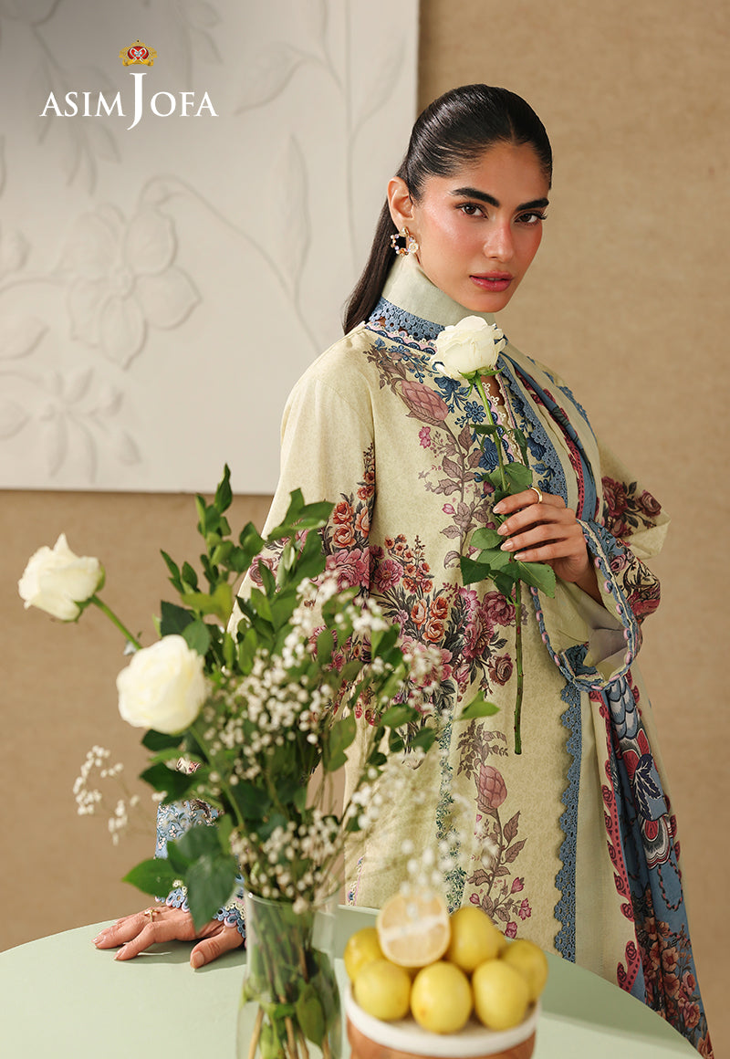 Asim Jofa AJUBC-07 butter yellow floral printed lawn suit – angled upper-body view with model holding a white rose