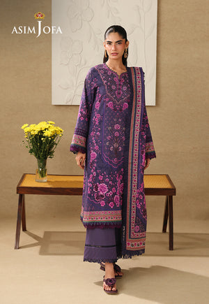 Asim Jofa AJUBC-08 deep purple floral printed lawn 3-piece suit – front-facing full-length view with matching dupatta