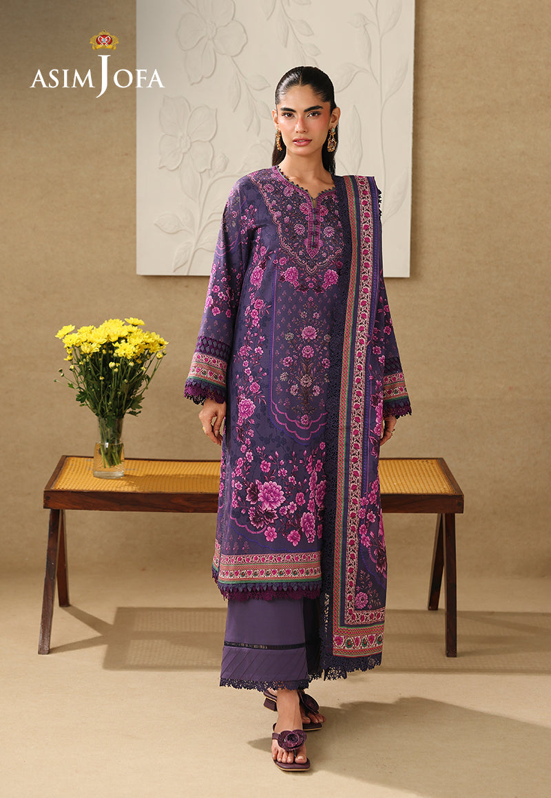 Asim Jofa AJUBC-08 deep purple floral printed lawn 3-piece suit – front-facing full-length view with matching dupatta