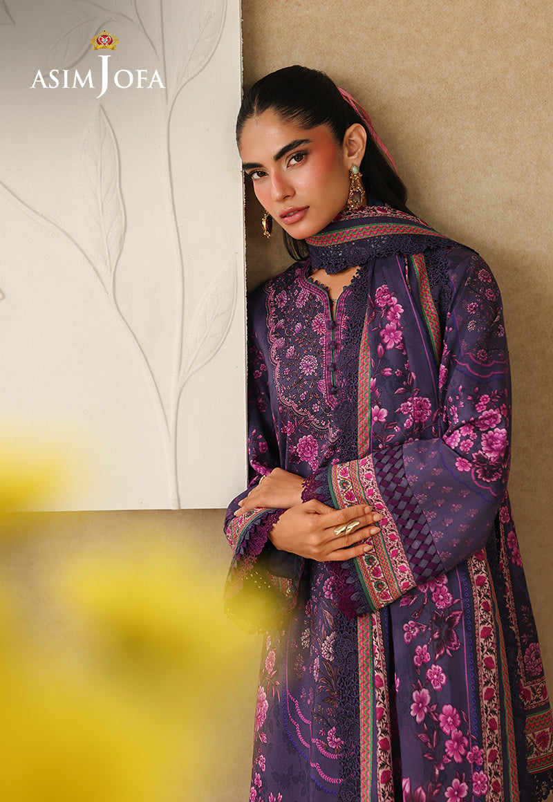 Asim Jofa AJUBC-08 deep purple printed lawn shirt – leaning upper-body portrait showing floral neckline and patterned cuffs