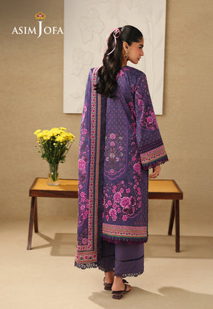 Asim Jofa AJUBC-08 deep purple printed lawn suit – full-length back view showing pink floral print and matching dupatta