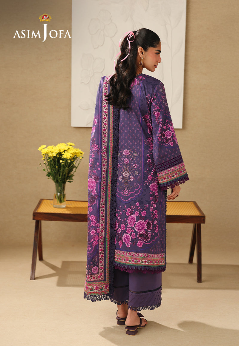 Asim Jofa AJUBC-08 deep purple printed lawn suit – full-length back view showing pink floral print and matching dupatta