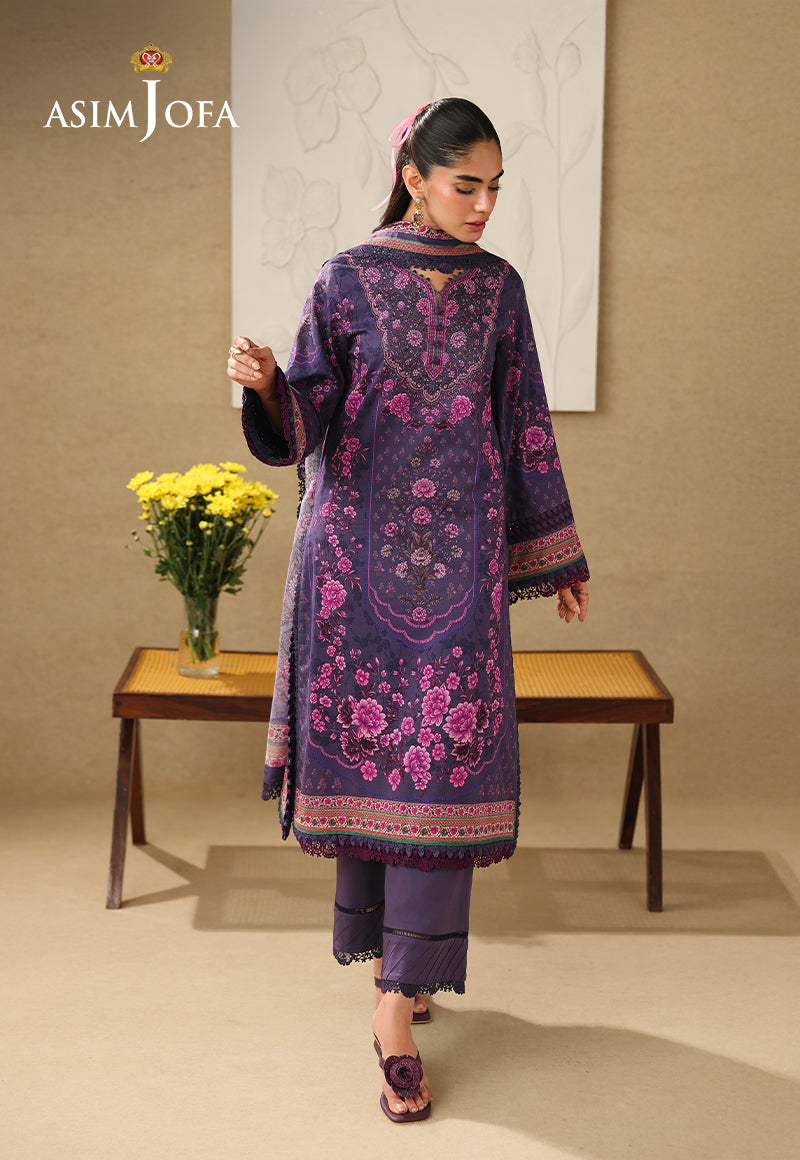 Asim Jofa AJUBC-08 deep purple printed lawn 3-piece suit – full-length front view with floral dupatta around the neck