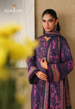 Asim Jofa AJUBC-08 deep purple printed lawn shirt – upper-body view showing pink floral print and green-edged dupatta
