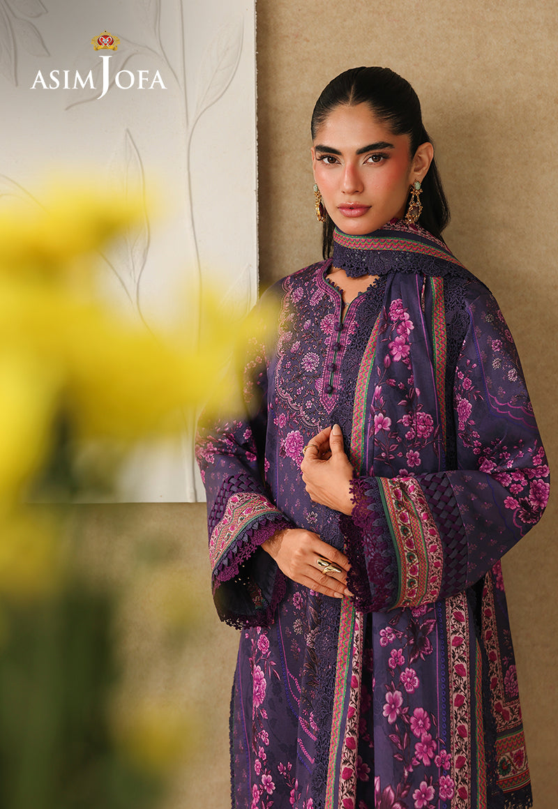 Asim Jofa AJUBC-08 deep purple printed lawn shirt – upper-body view showing pink floral print and green-edged dupatta