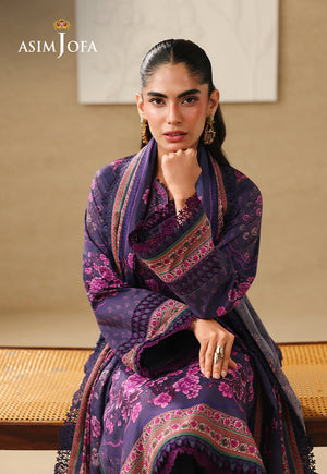 Asim Jofa AJUBC-08 deep purple floral printed lawn suit – seated close-up highlighting patterned cuffs and matching dupatta