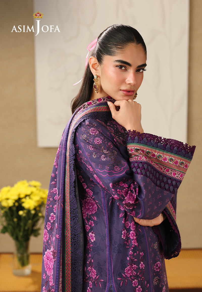 Asim Jofa AJUBC-08 deep purple printed lawn shirt – angled upper-body view highlighting pink floral sleeves and cuff border