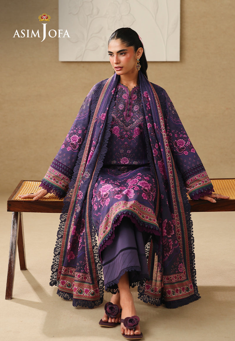Asim Jofa AJUBC-08 deep purple floral printed lawn 3-piece suit – seated full-length view with dupatta draped on both sides