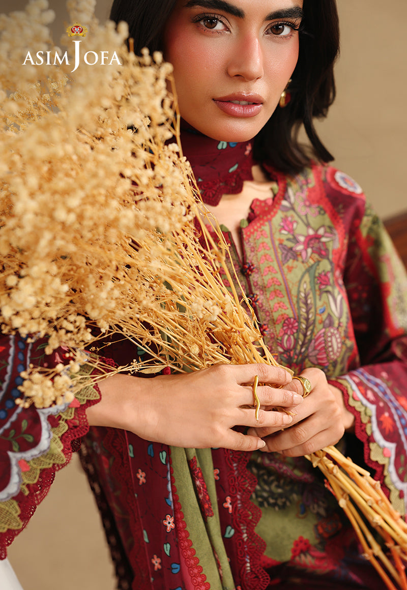Asim Jofa AJUBC-09 maroon and olive printed lawn shirt – front close-up with model holding a bouquet of dried flowers