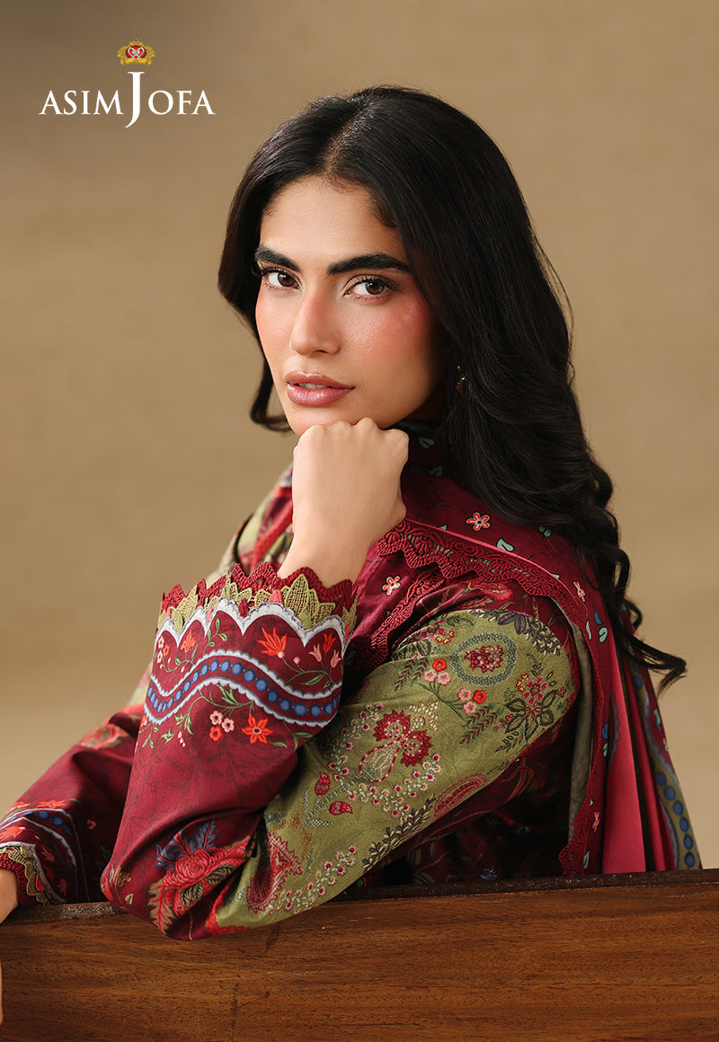 Asim Jofa AJUBC-09 maroon and olive printed lawn shirt – seated portrait highlighting floral sleeve and multicolour cuff