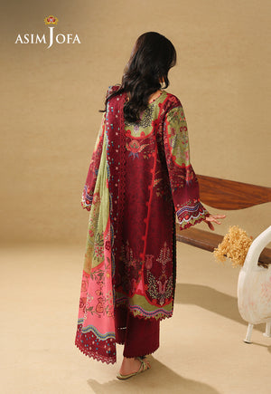Asim Jofa AJUBC-09 maroon printed lawn suit – full-length back view showing olive motifs and coordinating dupatta