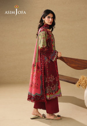 Asim Jofa AJUBC-09 maroon and olive printed lawn suit – full-length side view with matching cambric trousers