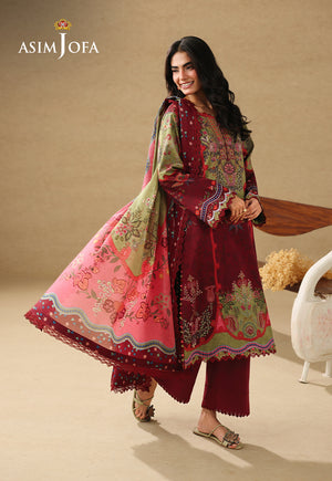 Asim Jofa AJUBC-09 maroon printed lawn 3-piece suit – angled full-length view with flowing olive and coral dupatta