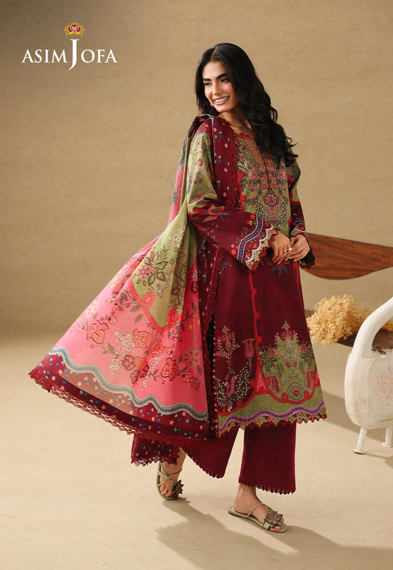 Asim Jofa AJUBC-09 maroon printed lawn 3-piece suit – angled full-length view with flowing olive and coral dupatta