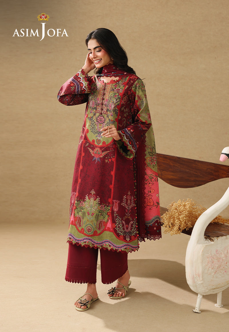 Asim Jofa AJUBC-09 maroon printed lawn 3-piece suit – full-length front view with coordinating dupatta around the neck