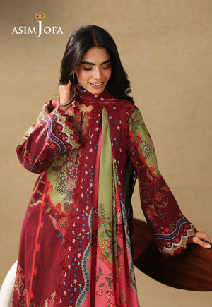 Asim Jofa AJUBC-09 maroon and olive printed lawn suit – smiling upper-body view showing neckline and colourful dupatta
