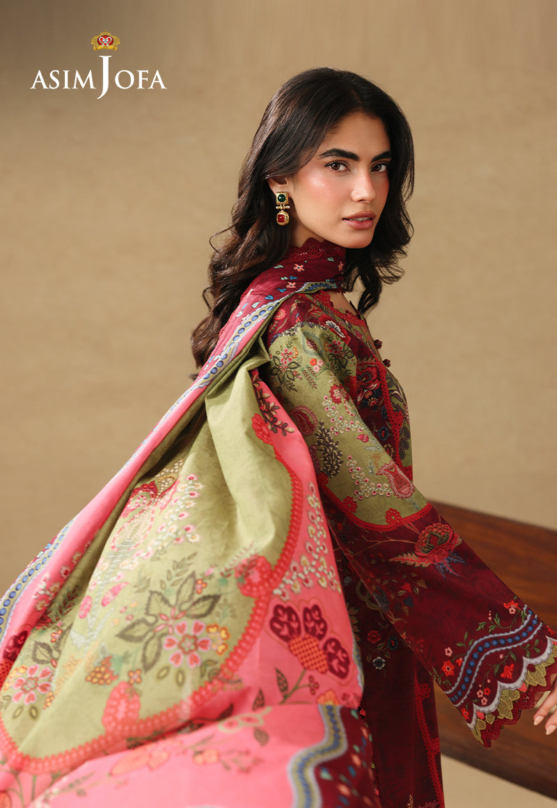 Asim Jofa AJUBC-09 maroon printed lawn suit – angled upper-body view with flowing olive and coral floral dupatta