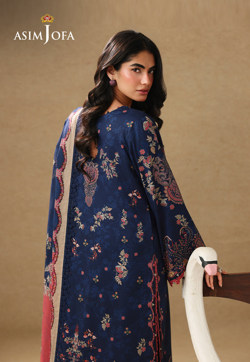 Asim Jofa AJUBC-10 navy blue floral printed lawn shirt – angled back view showing scattered floral motifs and dupatta