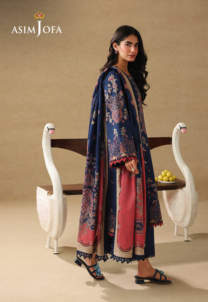 Asim Jofa AJUBC-10 navy blue printed lawn suit – full-length side view with coral bordered dupatta and cambric trousers