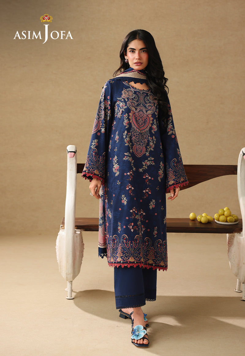 Asim Jofa AJUBC-10 navy blue printed lawn 3-piece suit – front-facing full-length view with dupatta around the neck