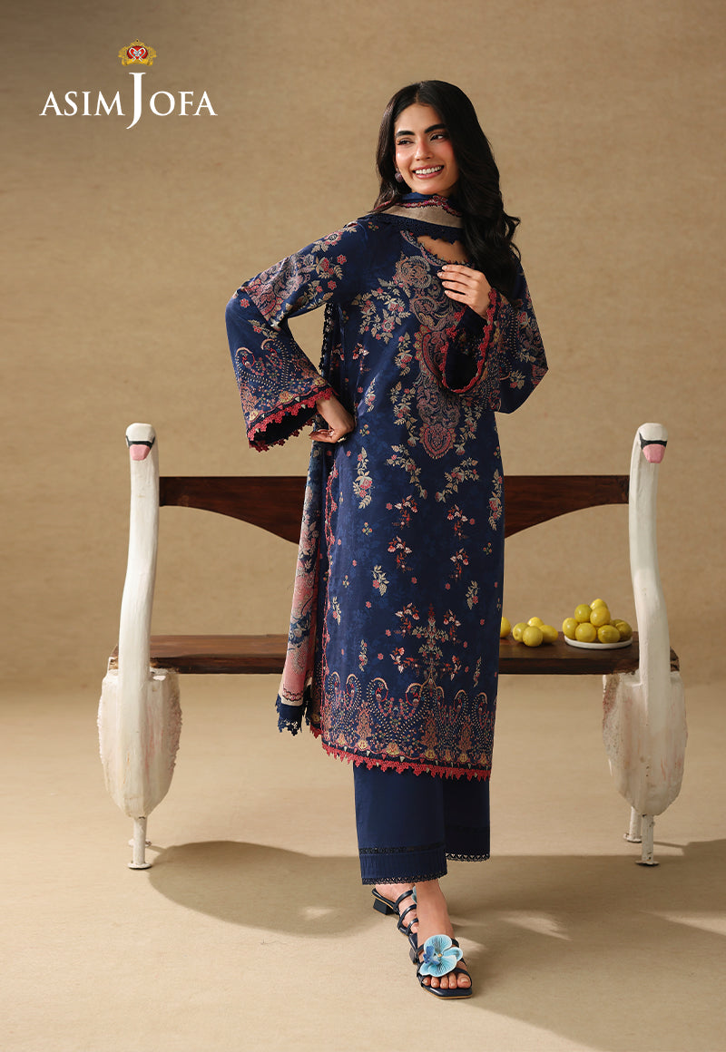 Asim Jofa AJUBC-10 navy blue floral printed lawn suit – smiling full-length front view showing ornate neckline and hem