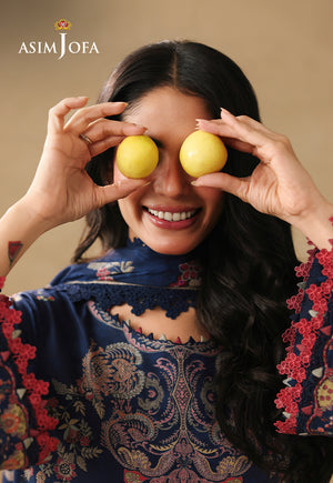 Asim Jofa AJUBC-10 navy blue printed lawn shirt – close-up of ornate neckline with model holding lemons over her eyes
