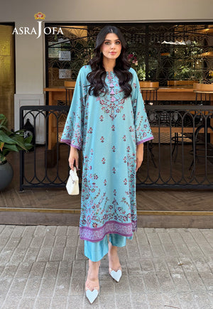 Asra Jofa ASPS-01 ice blue floral printed charmeuse silk 2-piece co-ord set – full-length front view with matching trouser