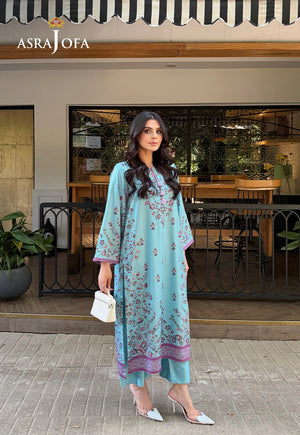 Asra Jofa ASPS-01 ice blue stitched charmeuse silk co-ord set – angled full-length view showing lilac floral hem border